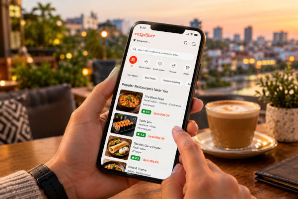 A phone screen in a casual setting, browsing restaurant options, warm evening light, urban neighbourhood visible in background