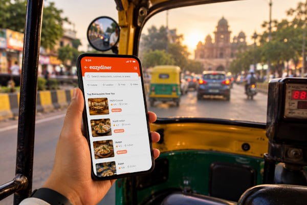 Professional on a phone in an auto rickshaw searching for restaurants, Indian city traffic visible through window, warm evening light
