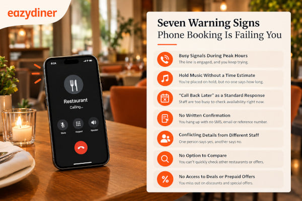 Diagnostic style graphic listing warning signs of failed phone reservations, icons for busy signal, hold music, missing confirmation, set against a restaurant backdrop