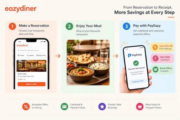 A simple flow diagram showing reservation, meal and PayEazy checkout steps connected by arrows with offer icons in a clean layout