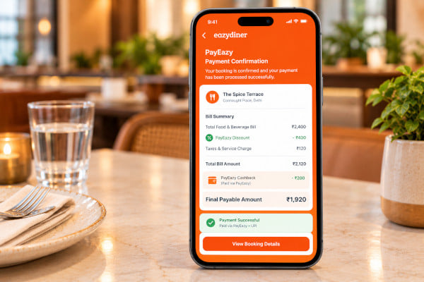 Detailed UI screenshot of the PayEazy payment confirmation screen with bill total, discount line item and final payable amount clearly labelled
