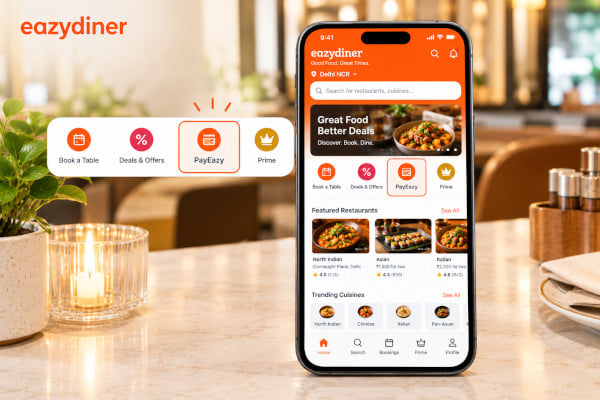 Smartphone UI mockup showing the PayEazy option highlighted within the EazyDiner app navigation alongside table booking and deals sections