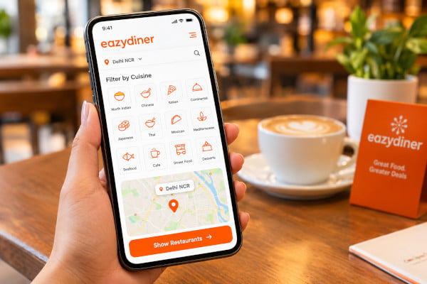 Close up of a smartphone displaying restaurant filter options with cuisine categories and a Delhi NCR map pin in a cafe setting