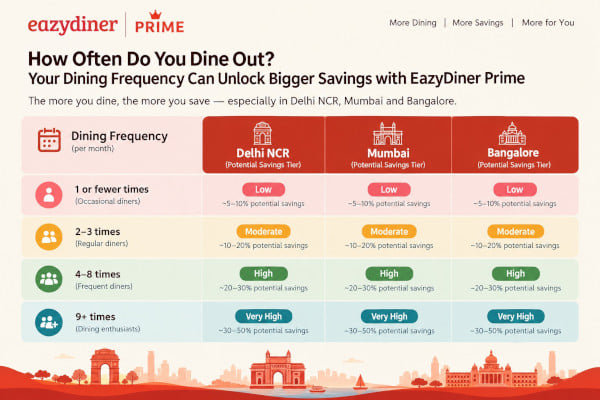Clean infographic comparing dining frequency brackets against potential savings tiers across Delhi NCR, Mumbai and Bangalore with brand colours