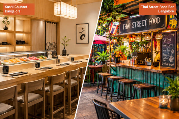 Split image showing a minimalist sushi counter on one side and a vibrant Thai street food bar on the other, contrasting dining formats in Bangalore