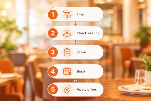 Vertical flowchart with five numbered steps showing filter, check seating, score, book and apply offers, set against a soft restaurant background