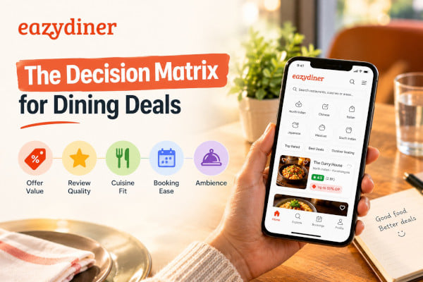 Clean infographic with five labelled icons representing offer value, review quality, cuisine fit, reservation reliability and ambience against a light background