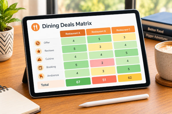 Stylised decision matrix table on a tablet screen comparing three restaurants across five criteria with colour coded scores in a modern workspace