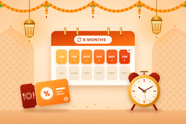 A clean infographic style calendar highlighting a six month cycle with a dining voucher icon and a clock, warm tones, minimal background suggesting an Indian restaurant ambience